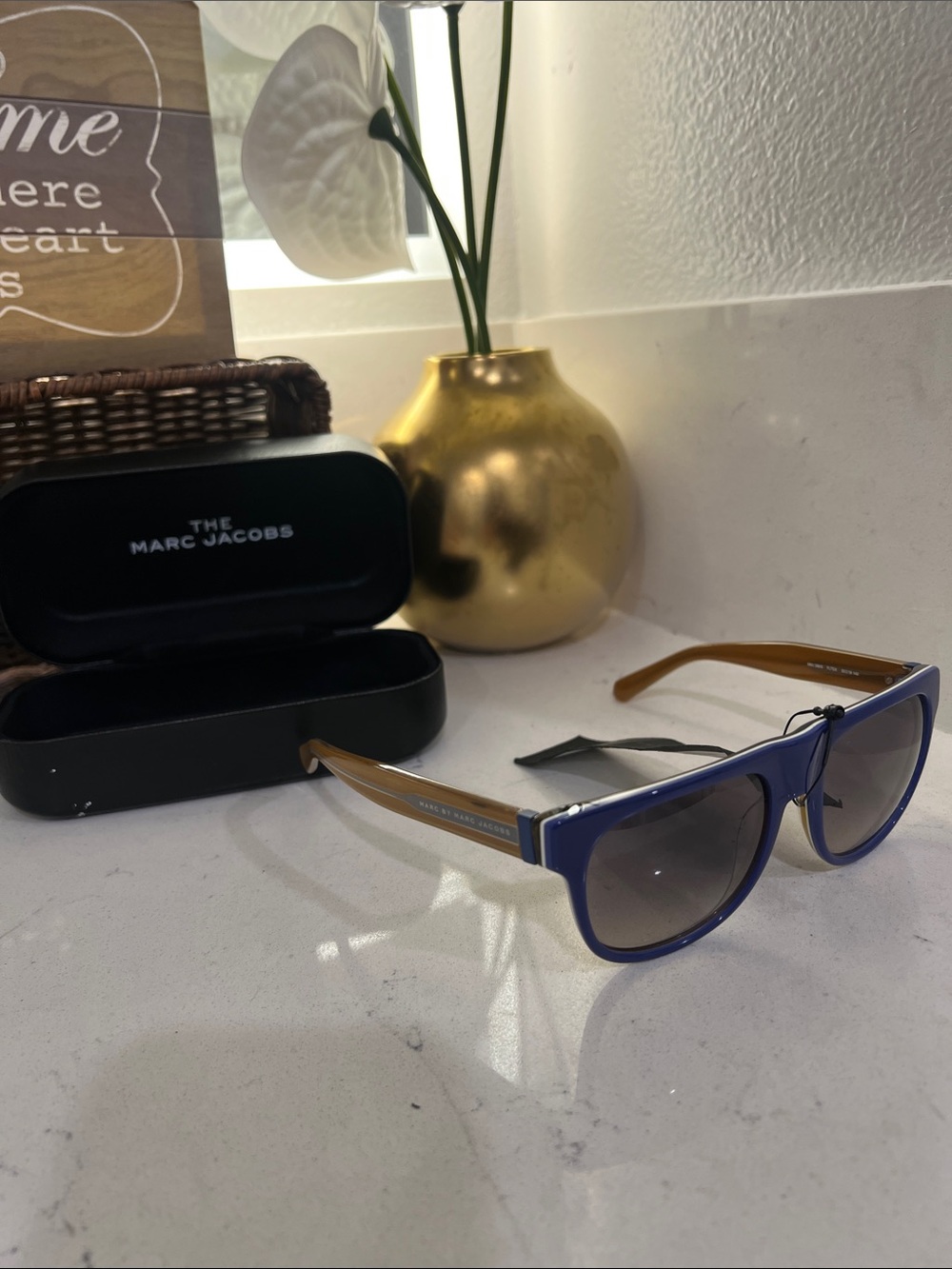 Marc Jacobs Blue Frame Sunglasses with Brown Arms. New, comes with the case
